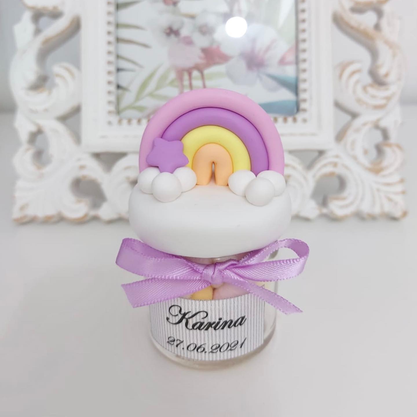 Marturie pentru botez lumanare din ceara - Curcubeu lila - MiLuna Handmade