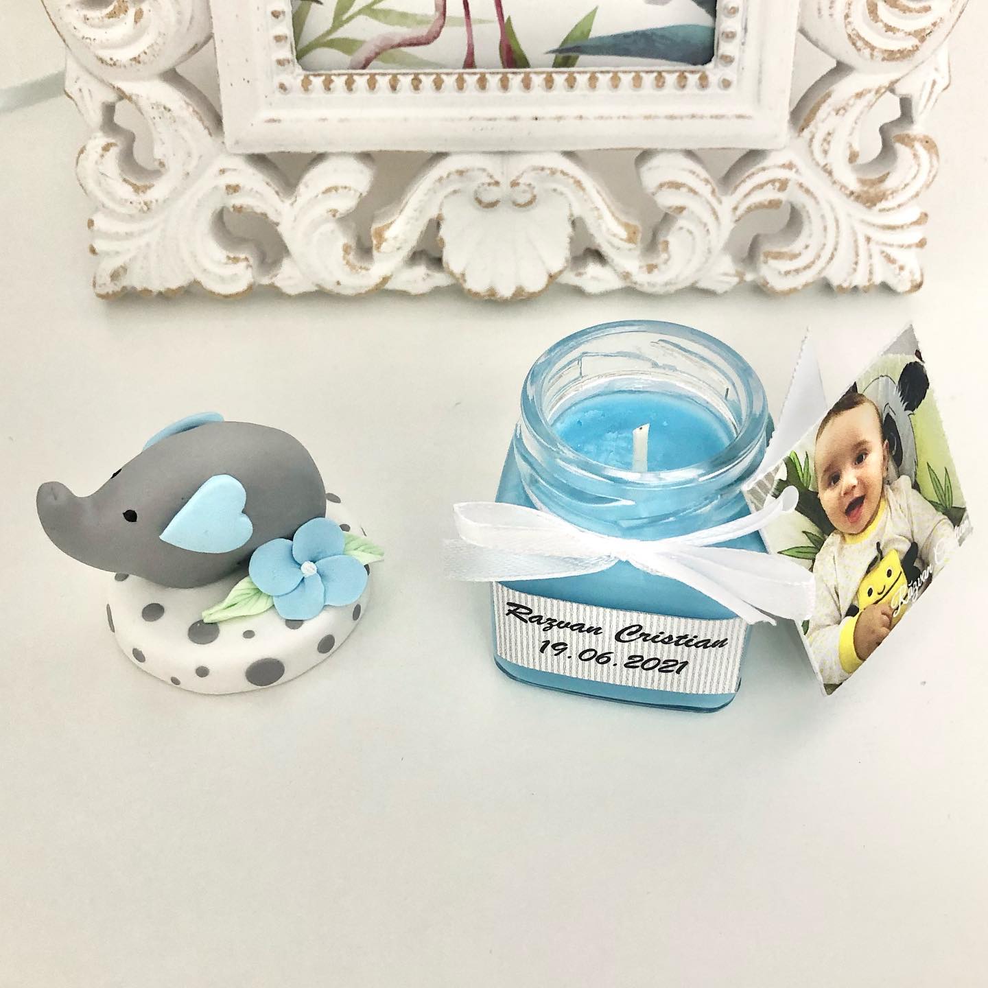 Marturie pentru botez lumanare din ceara - Elefant, bleu - MiLuna Handmade