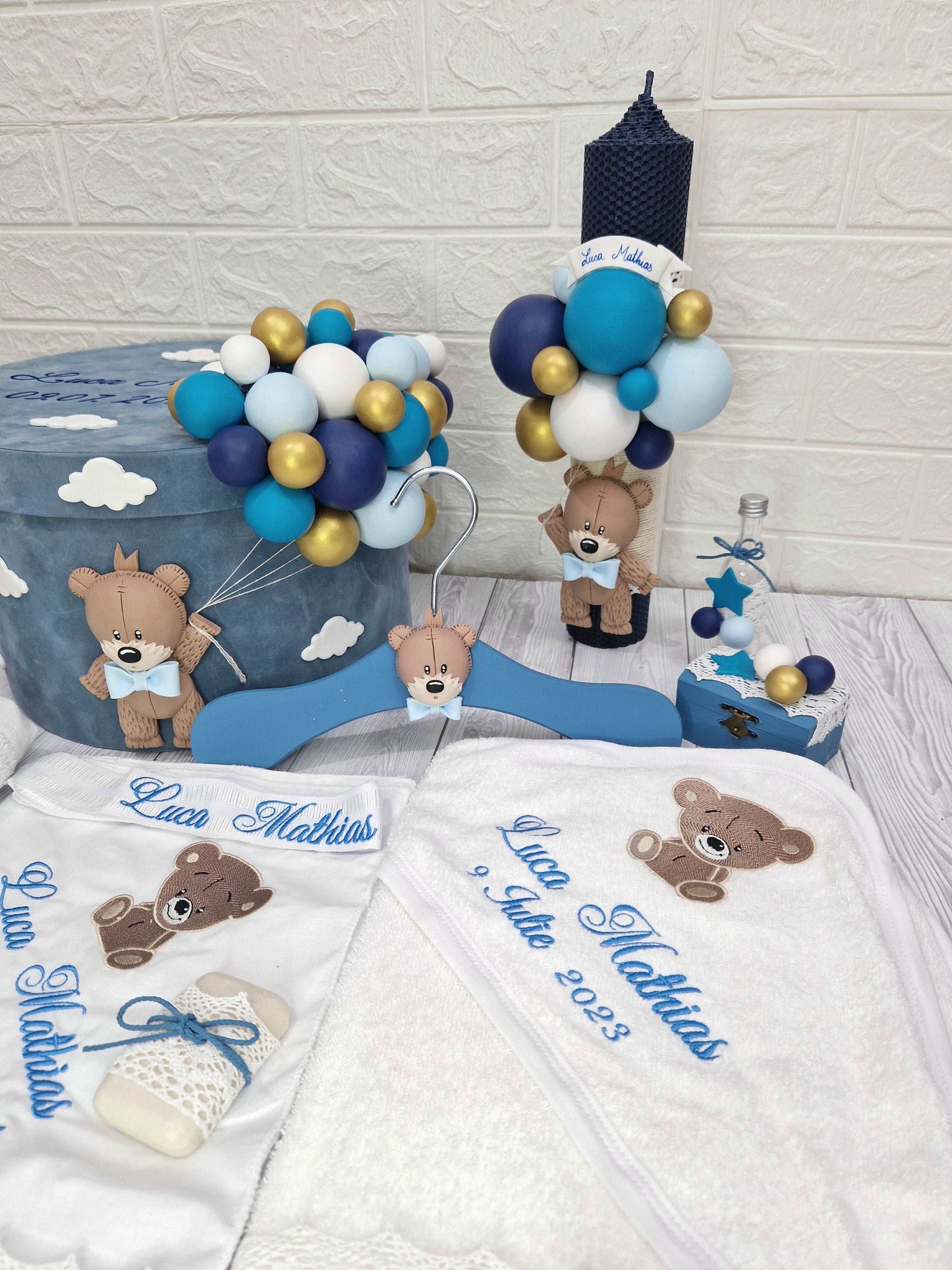 Trusou personalizat + Cutie cu tematica Teddy Bear Albastru - MiLuna Handmade