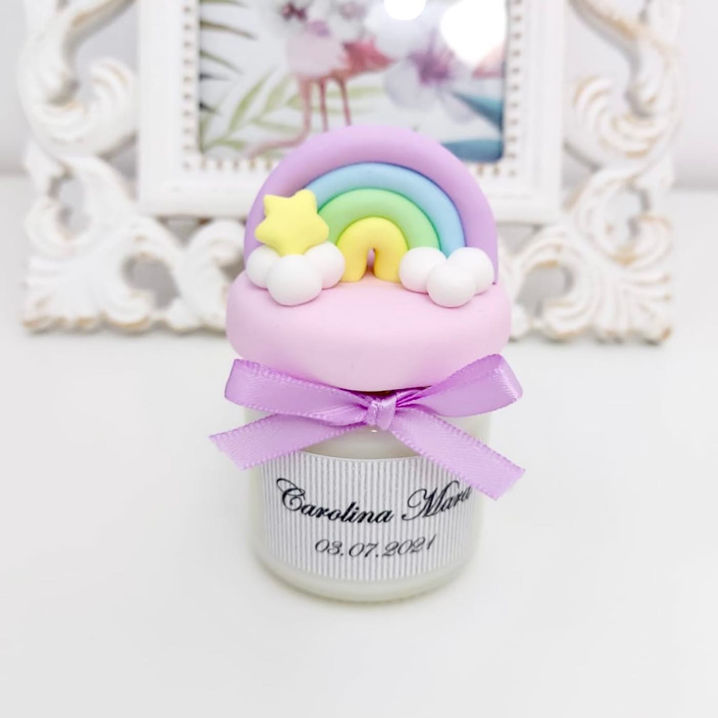 Marturie pentru botez lumanare din ceara - Curcubeu - Pastel - MiLuna Handmade