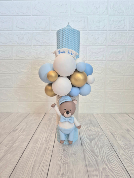 Lumanare de botez din ceara naturala, bleu, Ursulet cu Bascuta