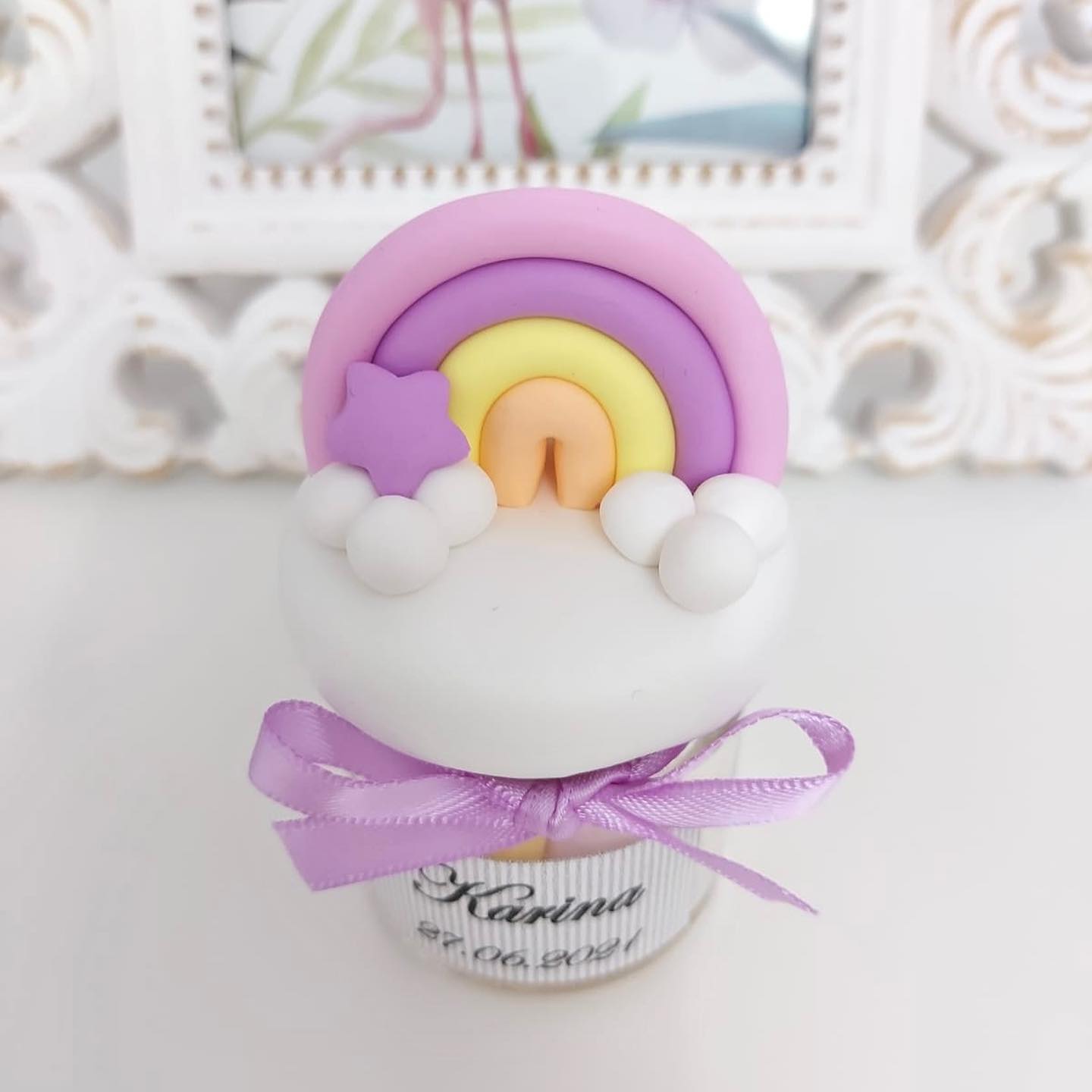Marturie pentru botez lumanare din ceara - Curcubeu lila - MiLuna Handmade