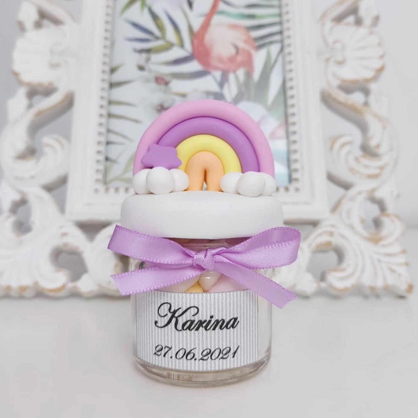 Marturie pentru botez lumanare din ceara - Curcubeu lila - MiLuna Handmade
