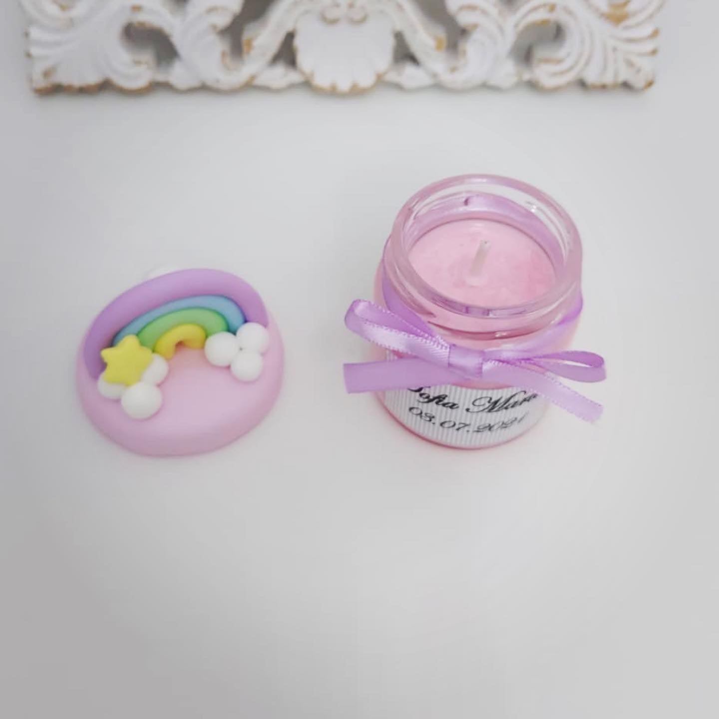 Marturie pentru botez lumanare din ceara - Curcubeu - Pastel - MiLuna Handmade