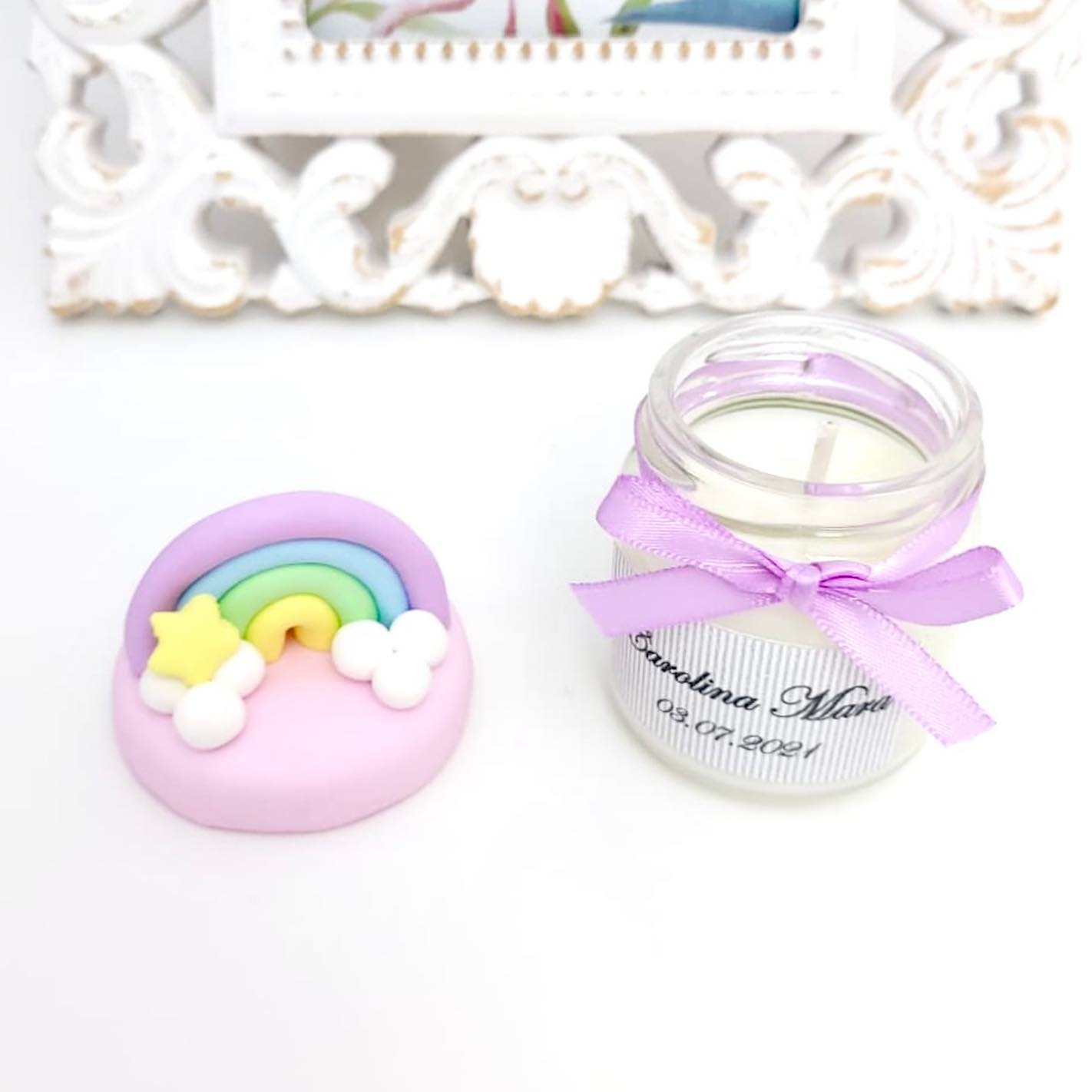 Marturie pentru botez lumanare din ceara - Curcubeu - Pastel - MiLuna Handmade