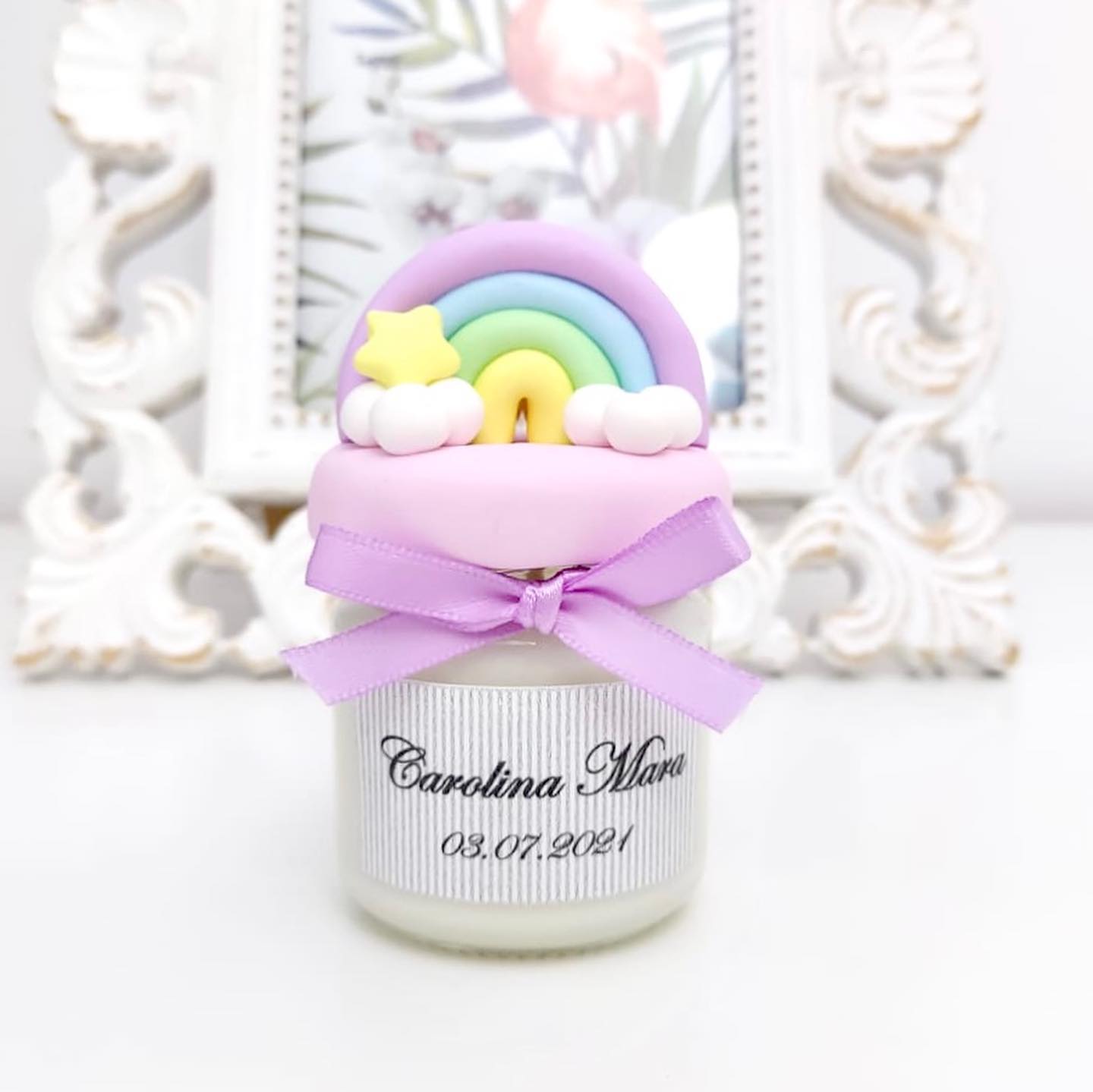 Marturie pentru botez lumanare din ceara - Curcubeu - Pastel - MiLuna Handmade
