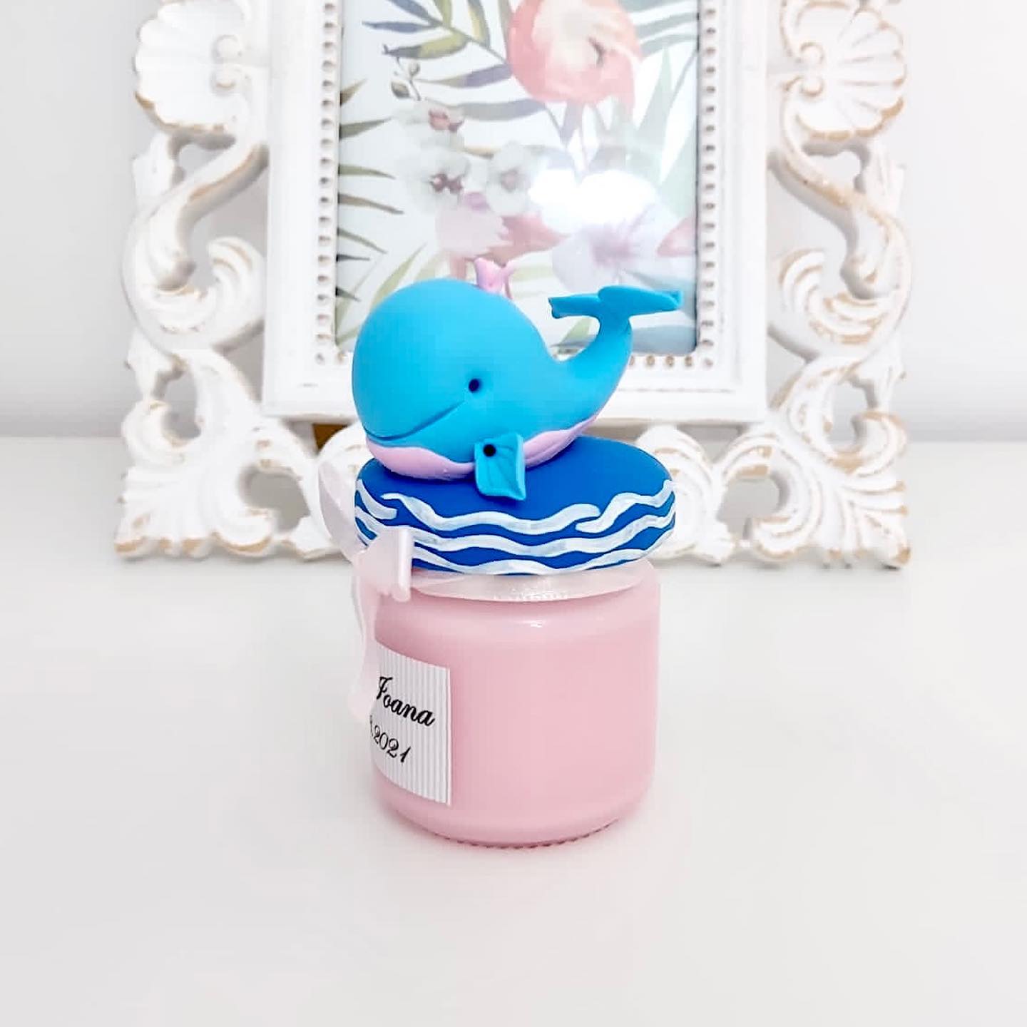 Marturie pentru botez lumanare din ceara, Whale , pink - MiLuna Handmade