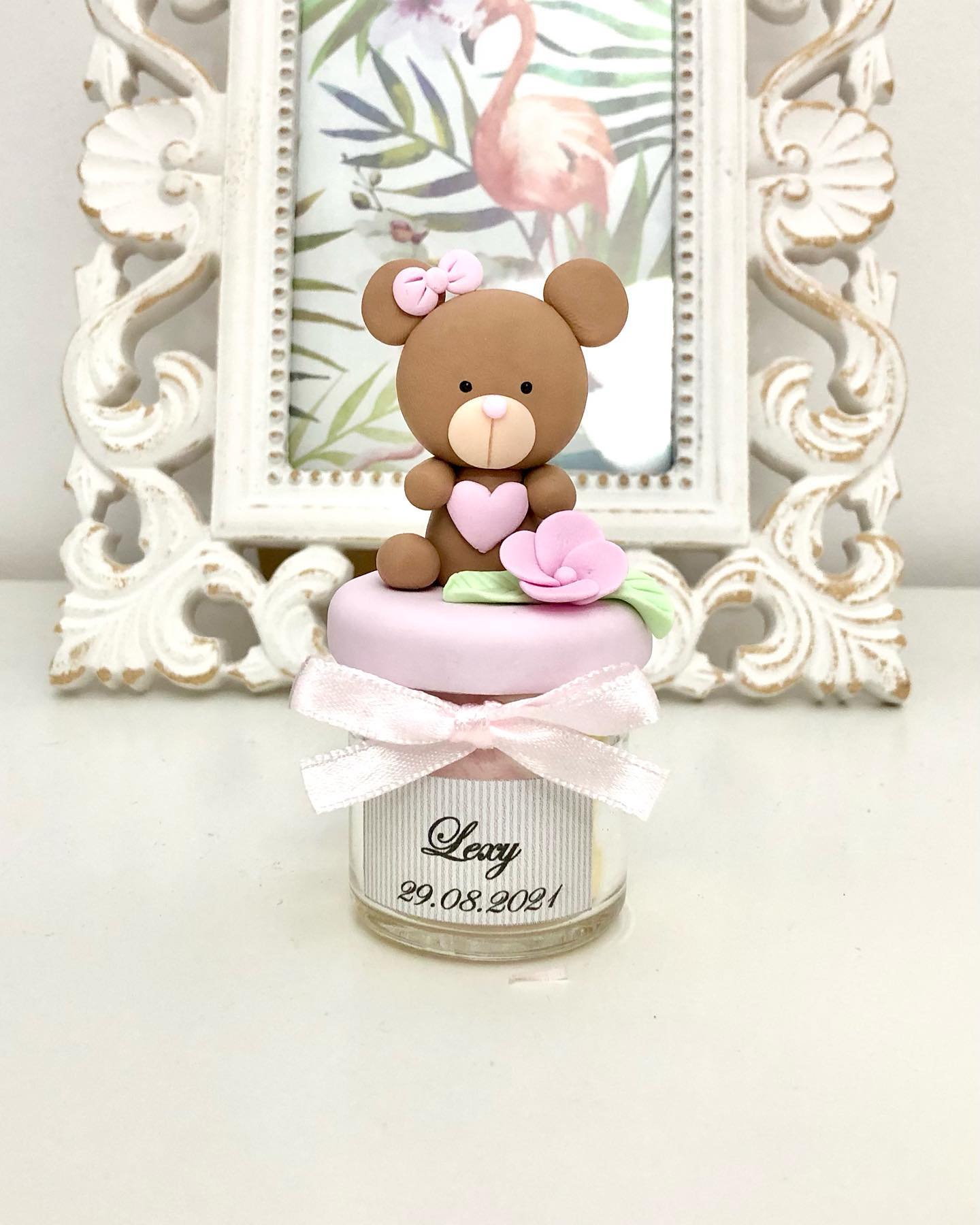 Marturie pentru botez lumanare din ceara - Ursulet cu Roz - MiLuna Handmade