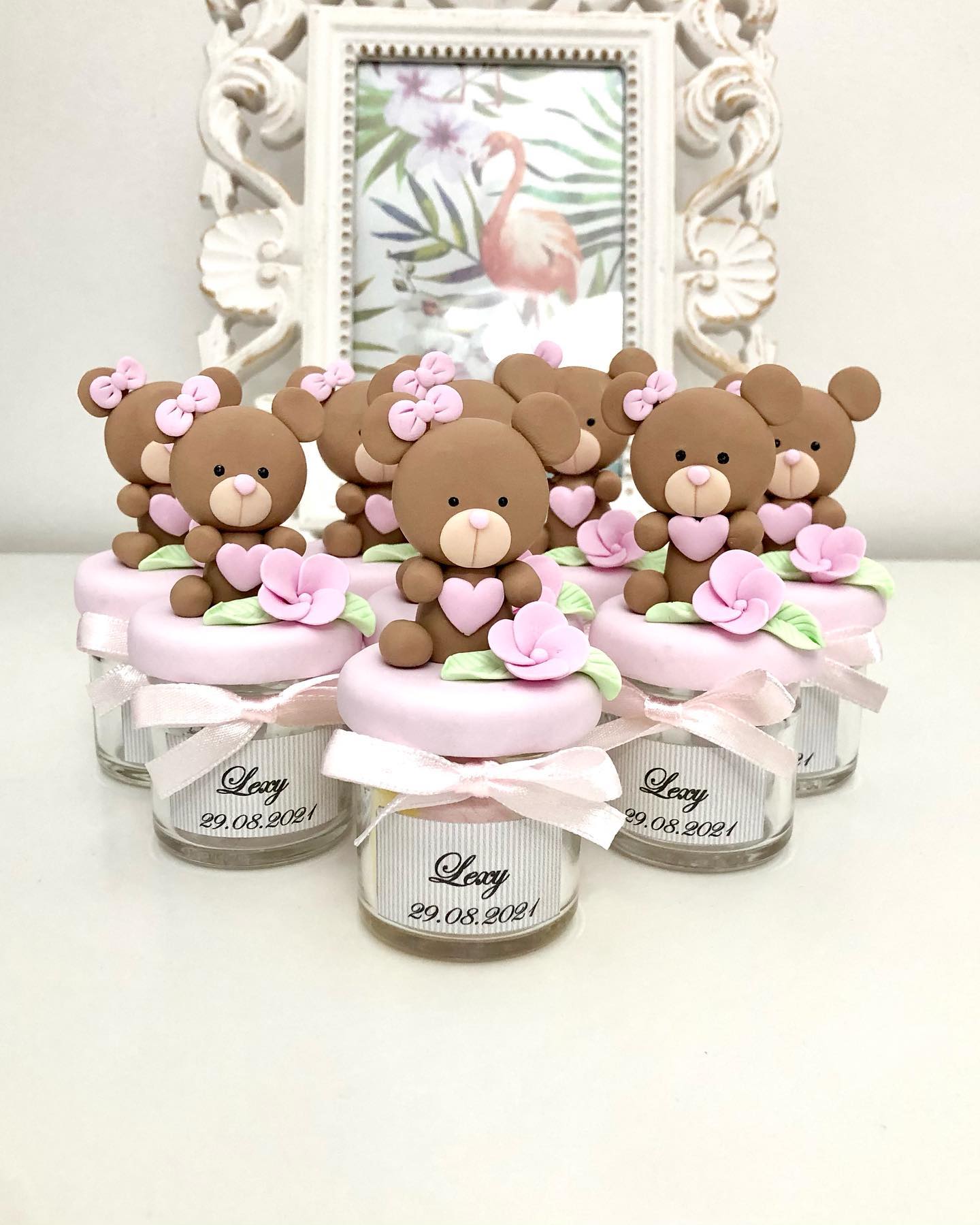 Marturie pentru botez lumanare din ceara - Ursulet cu Roz - MiLuna Handmade