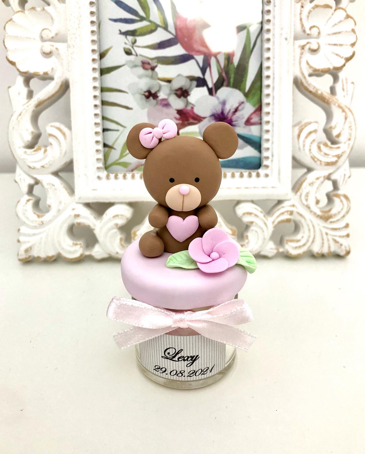 Marturie pentru botez lumanare din ceara - Ursulet cu Roz - MiLuna Handmade