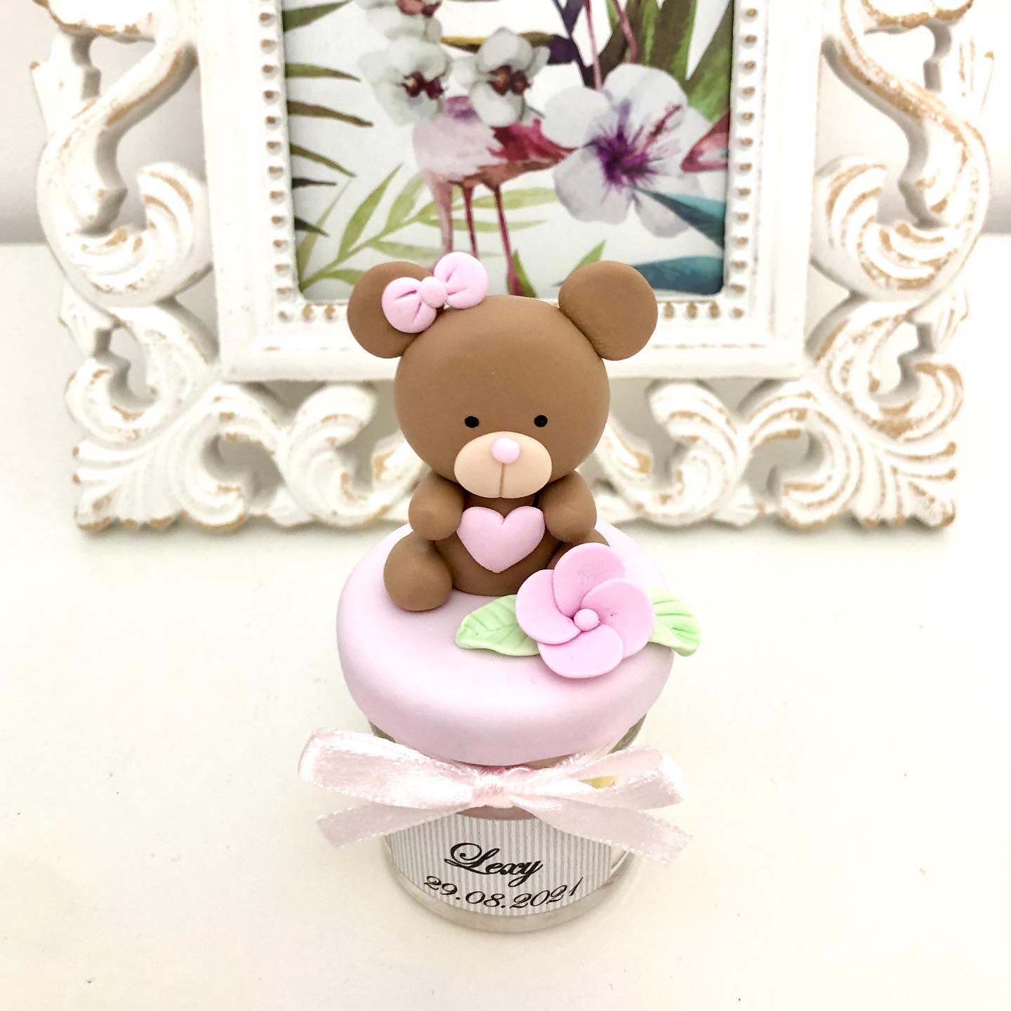 Marturie pentru botez lumanare din ceara - Ursulet cu Roz - MiLuna Handmade