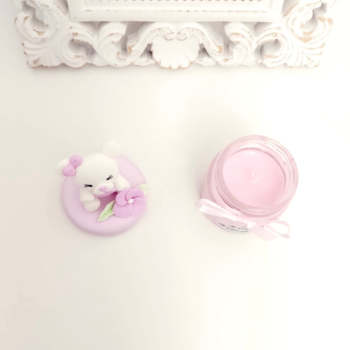 Marturie pentru botez lumanare din ceara - Ursulet Alb - MiLuna Handmade