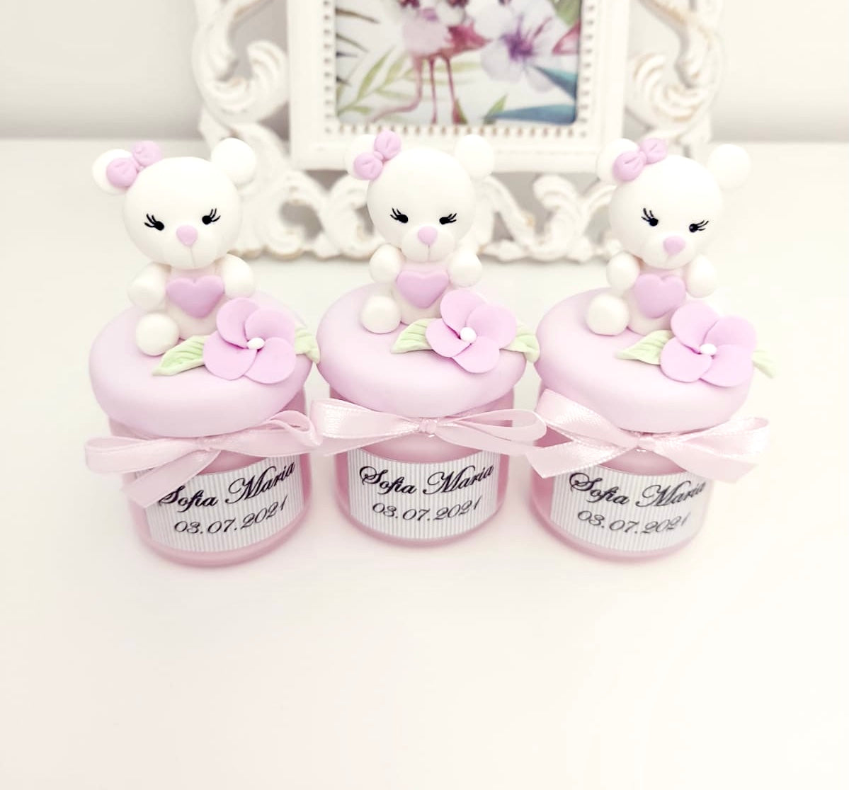 Marturie pentru botez lumanare din ceara - Ursulet Alb - MiLuna Handmade
