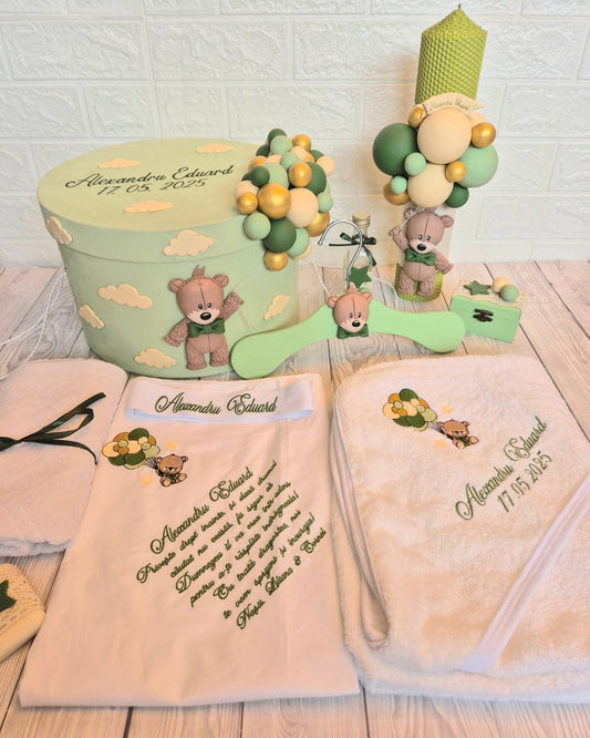 Trusou personalizat + Cutie cu tematica Teddy Bear Verde Fistic