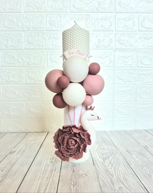 Lumanare de botez din ceara naturala Lebada cu Bujor