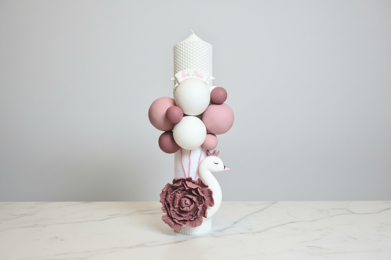 Lumanare de botez din ceara naturala Lebada cu Bujor