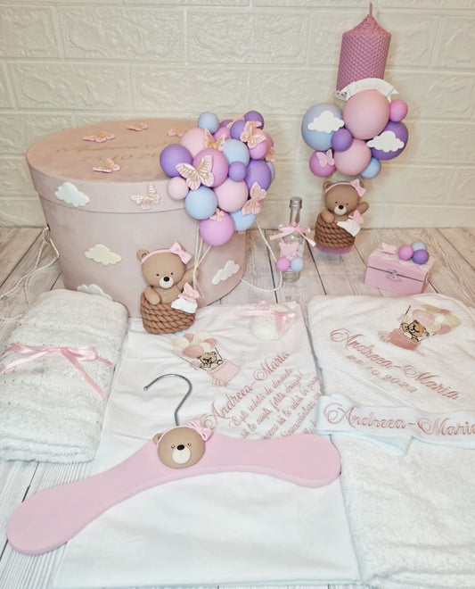 Trusou personalizat + Cutie cu tematica Ursulet in cosulet si Baloane - MiLuna Handmade