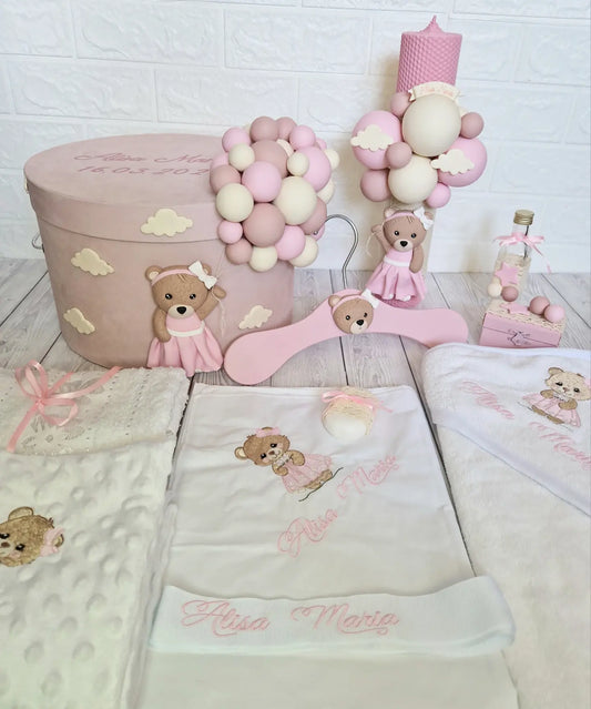 Trusou personalizat + Cutie cu tematica Ursulet cu rochita roz si Baloane - MiLuna Handmade