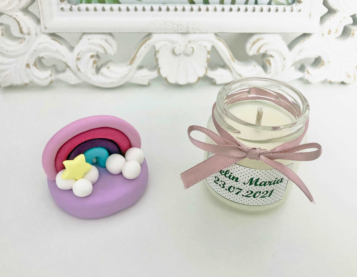 Marturie pentru botez lumanare din ceara - Curcubeu - MiLuna Handmade