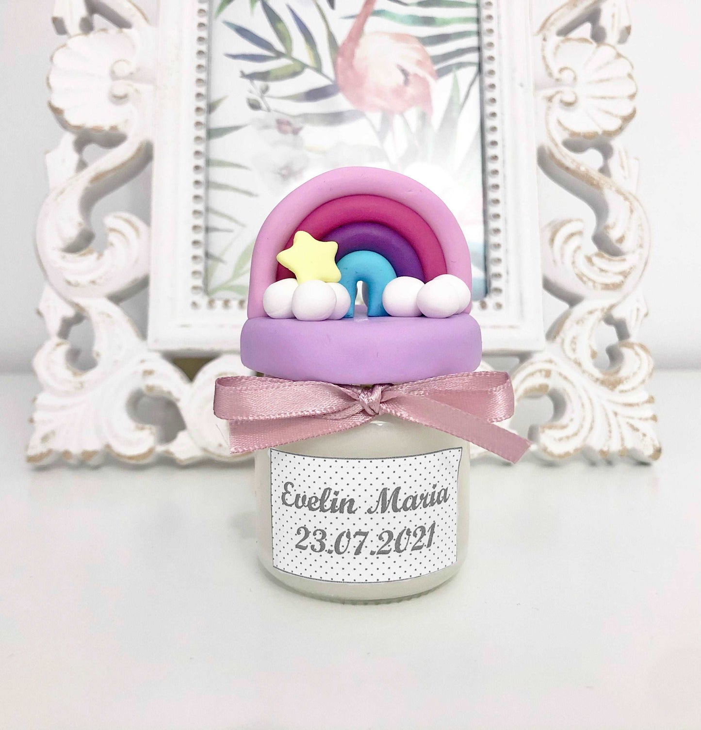 Marturie pentru botez lumanare din ceara - Curcubeu - MiLuna Handmade