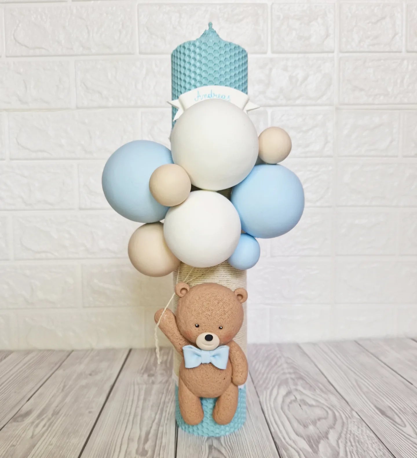 Lumanare de botez din ceara naturala, bleu, Ursulet - MiLuna Handmade
