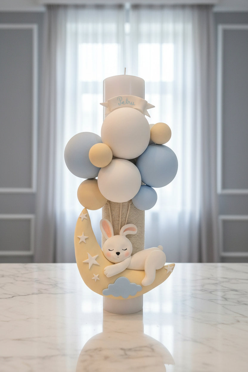 Lumanare de botez Iepuras Alb pe Luna - MiLuna Handmade