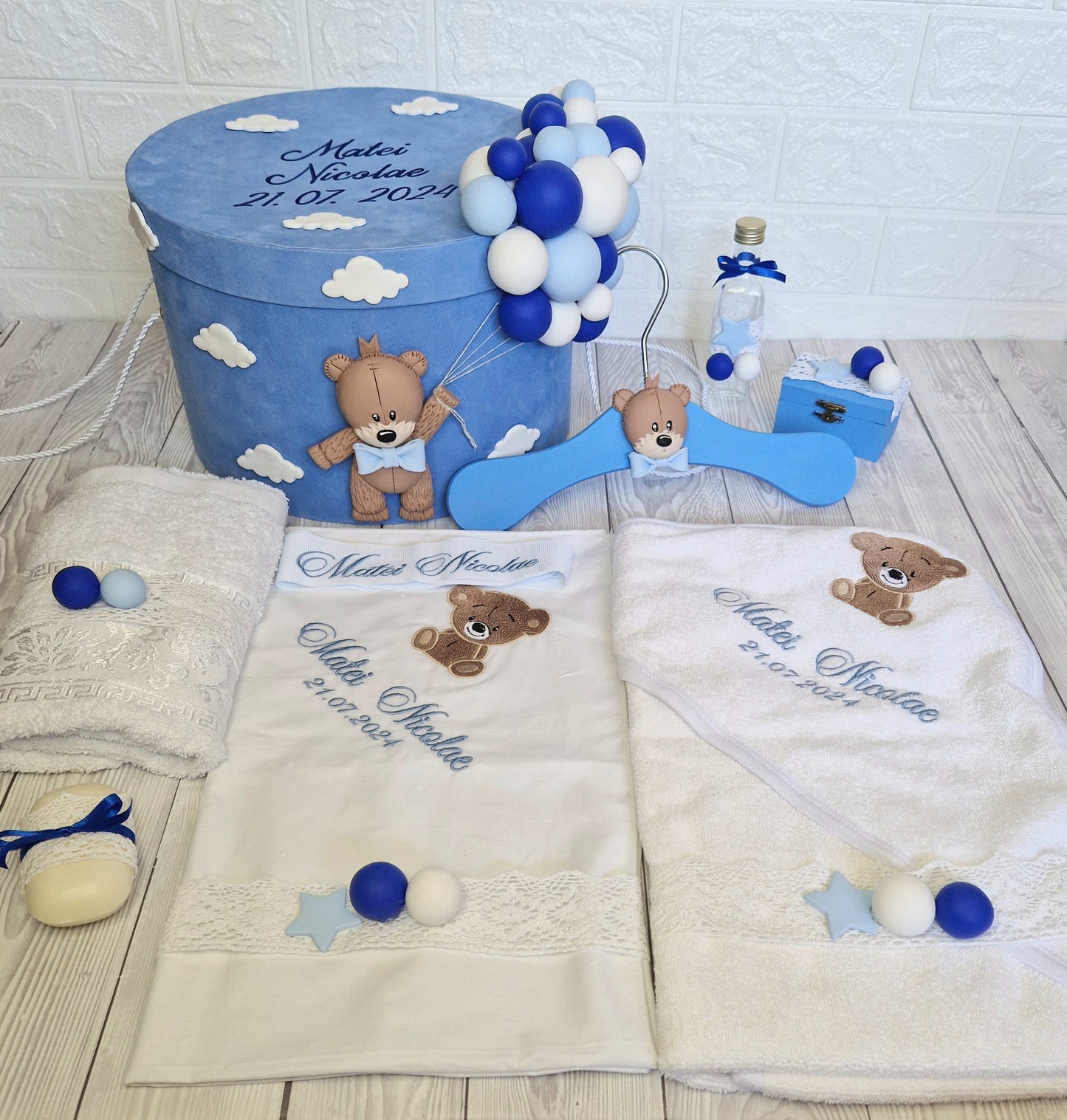 Trusou personalizat + Cutie cu tematica Teddy Bear Blue - MiLuna Handmade