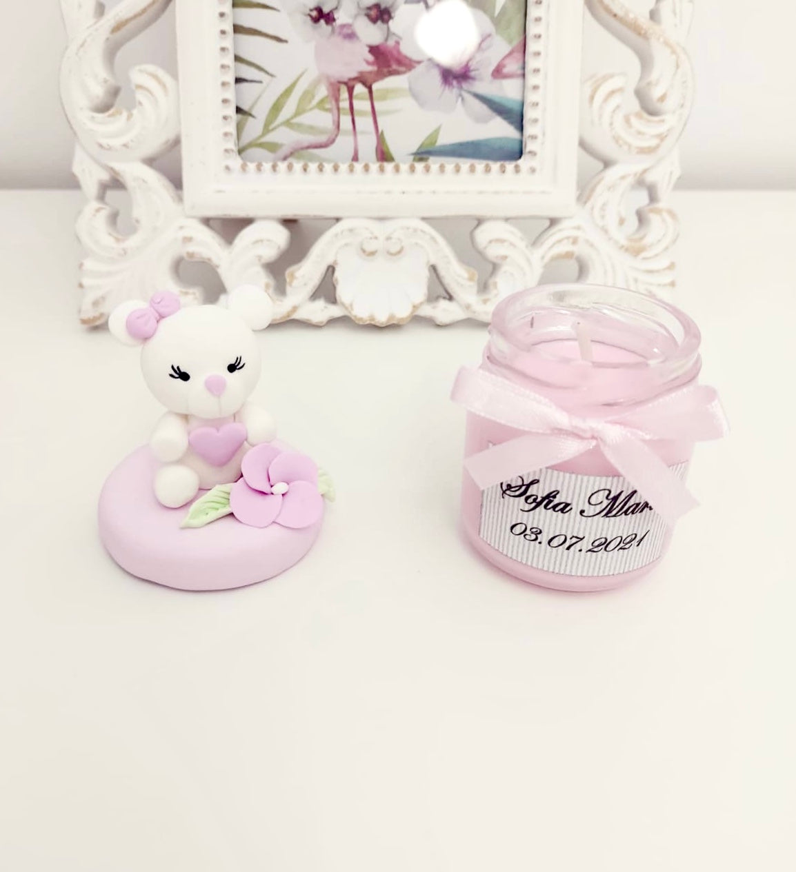 Marturie pentru botez lumanare din ceara - Ursulet Alb - MiLuna Handmade