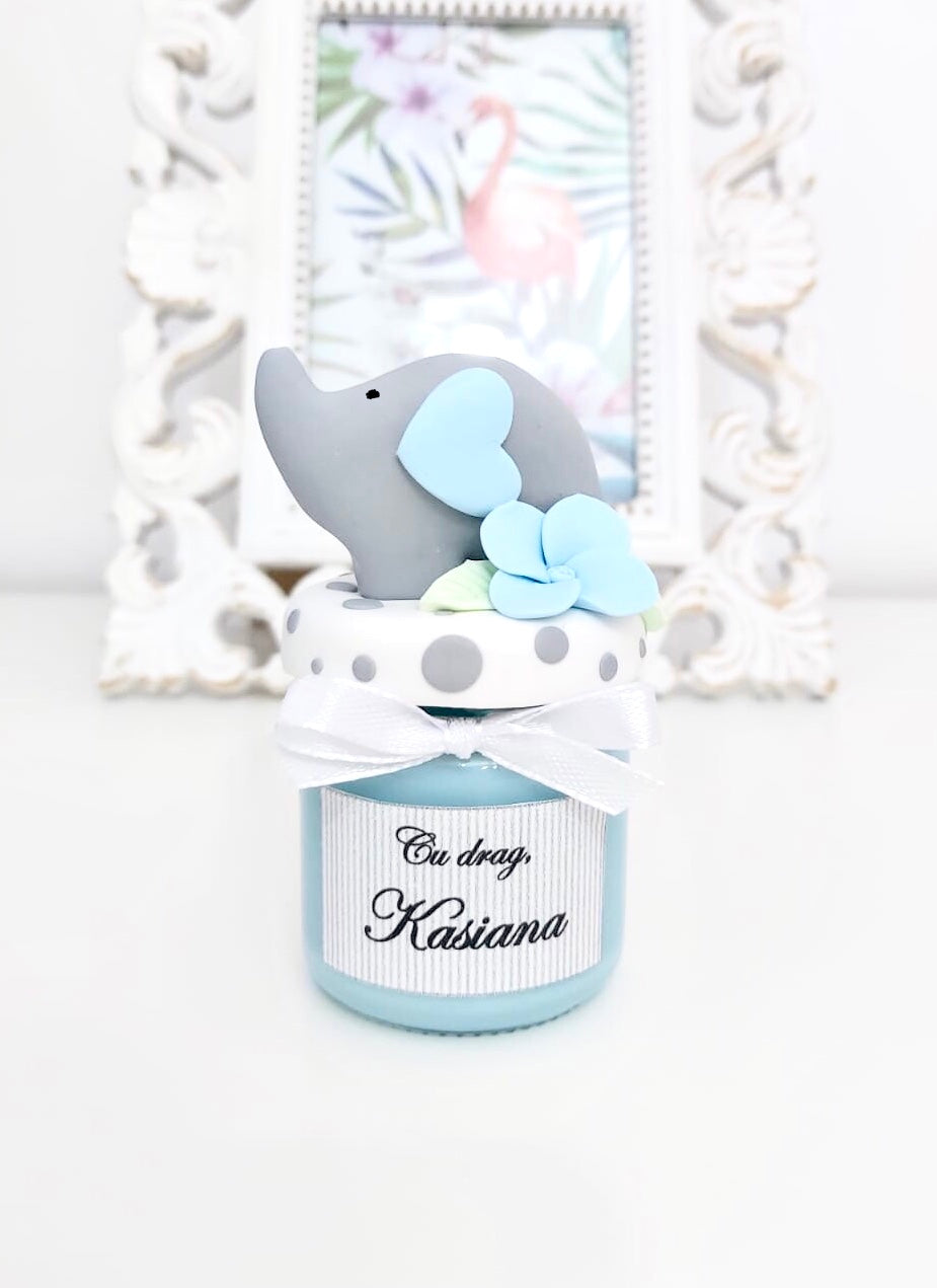 Marturie pentru botez lumanare din ceara - Elefant, bleu - MiLuna Handmade