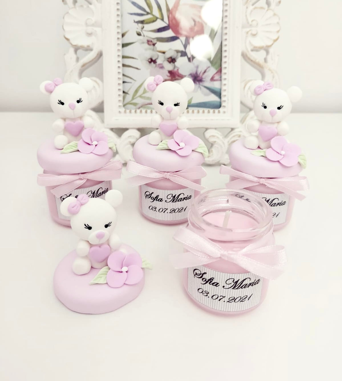 Marturie pentru botez lumanare din ceara - Ursulet Alb - MiLuna Handmade