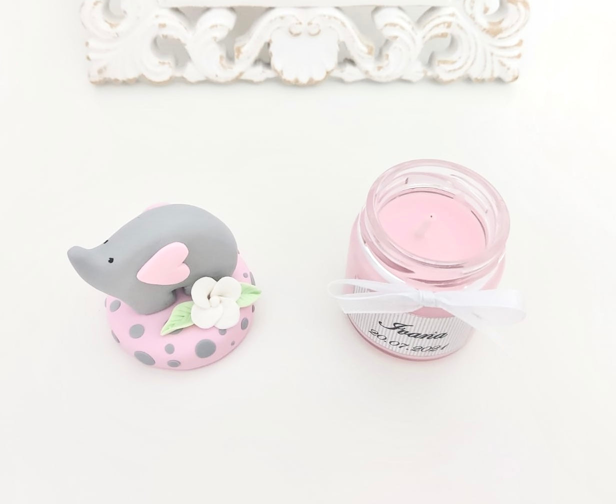 Marturie pentru botez lumanare din ceara - Elefant, pink - MiLuna Handmade