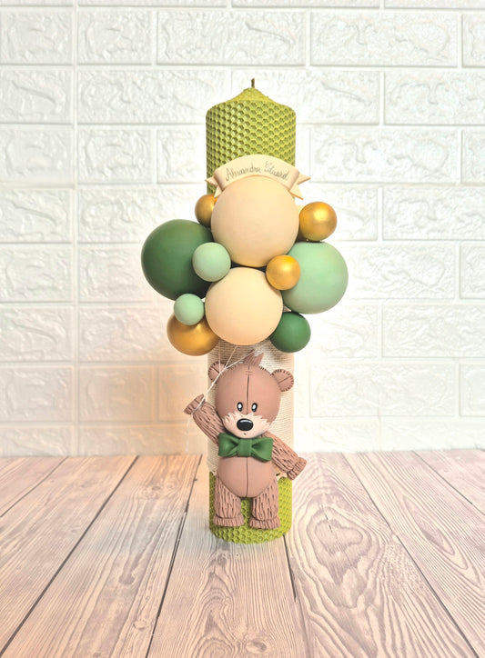Lumanare de botez din ceara naturala, Teddy Bear, verde fistic