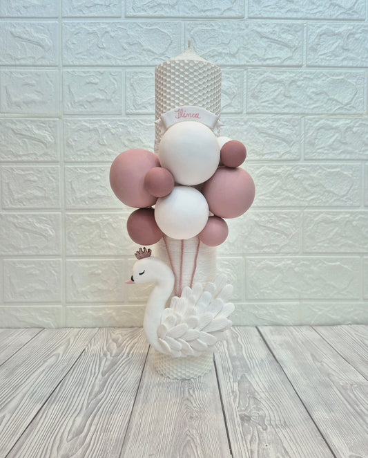 Lumanare de botez din ceara naturala Lebada Alba