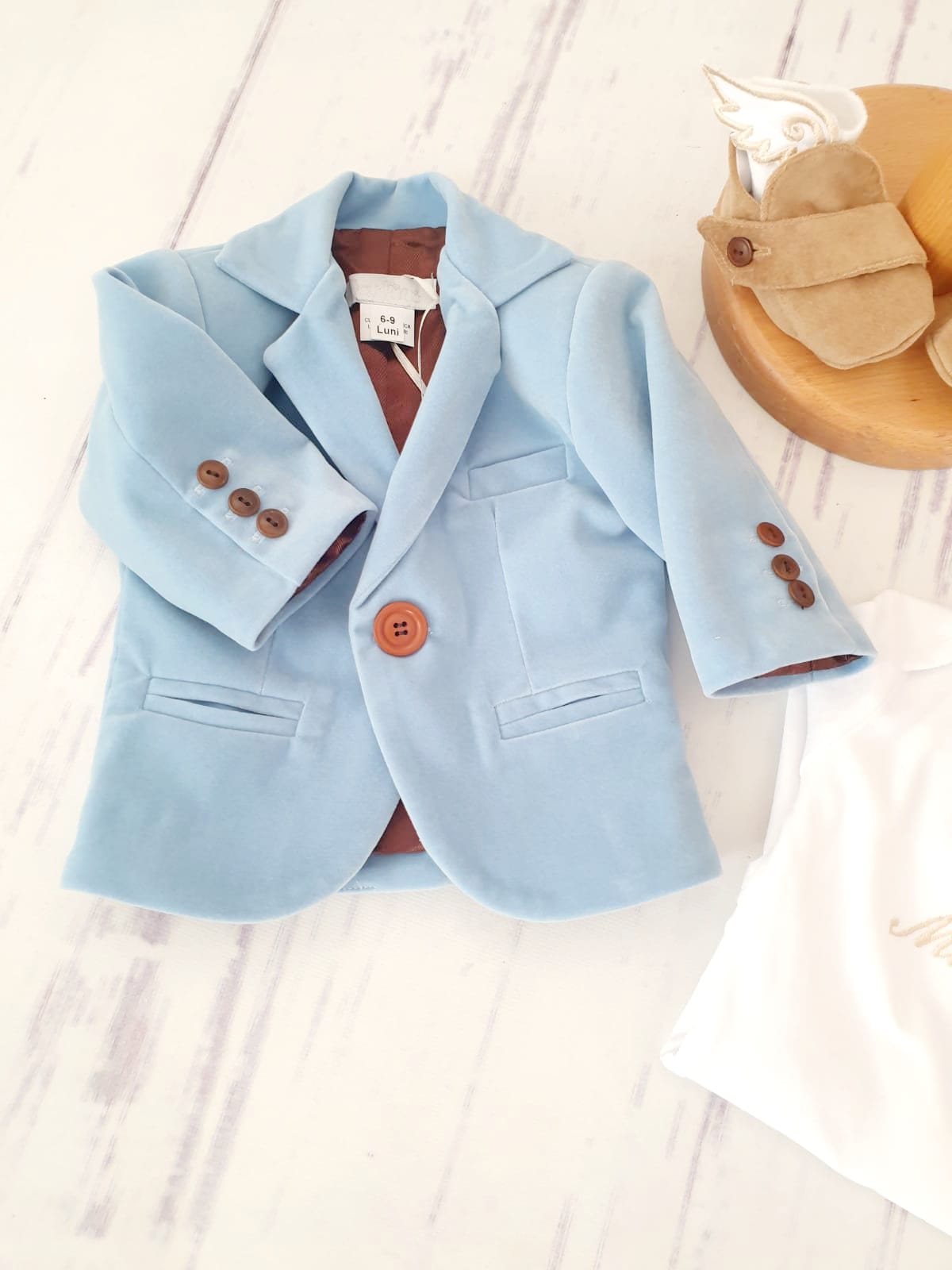 Costum catifea aripi inger Adorable, crem cu bleu - MiLuna Handmade