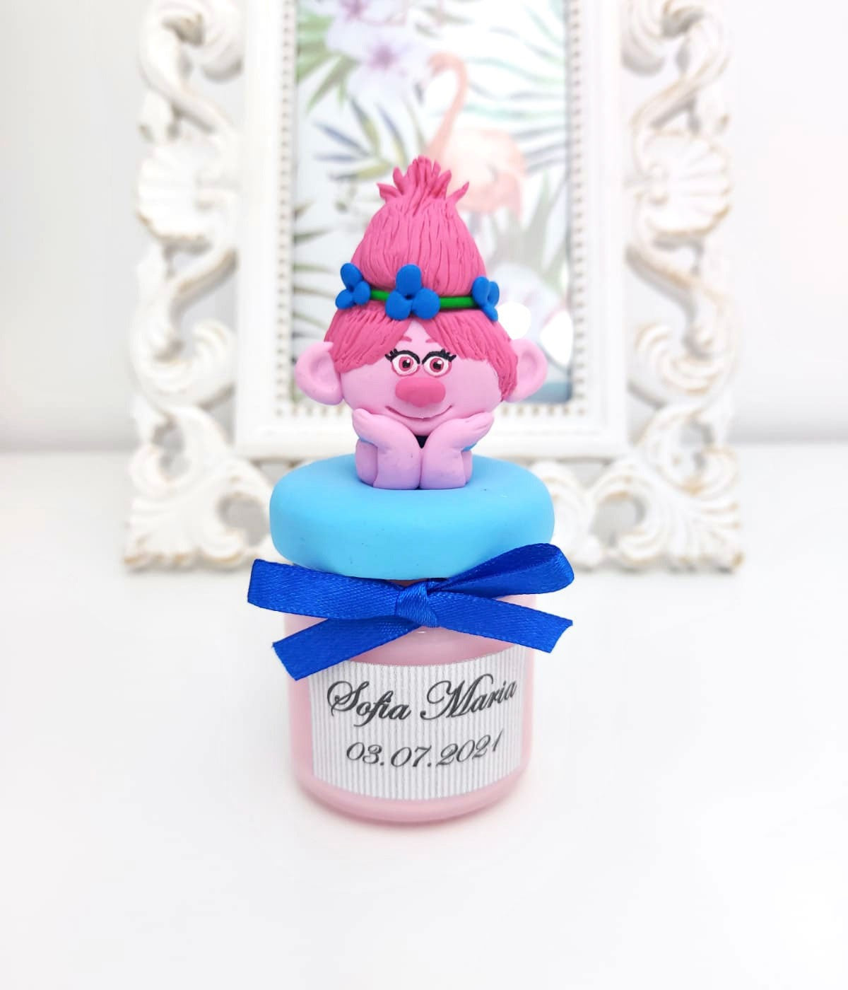 Marturie pentru botez lumanare din ceara Tematica Trolls - Poppy - MiLuna Handmade