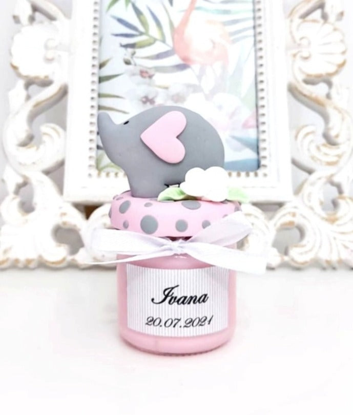 Marturie pentru botez lumanare din ceara - Elefant, pink - MiLuna Handmade