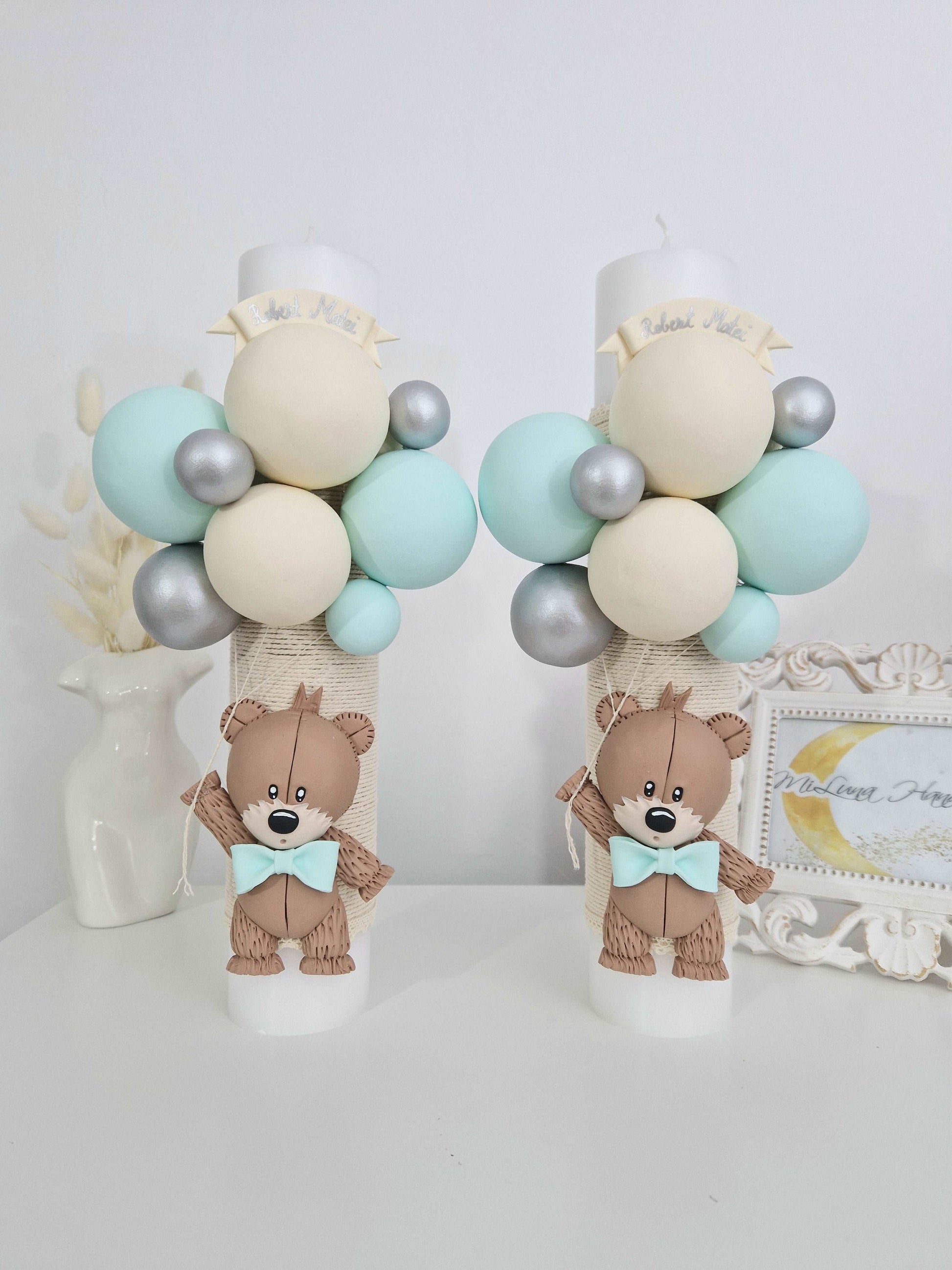 Lumanare de botez White Teddy Bear, verde menta - MiLuna Handmade