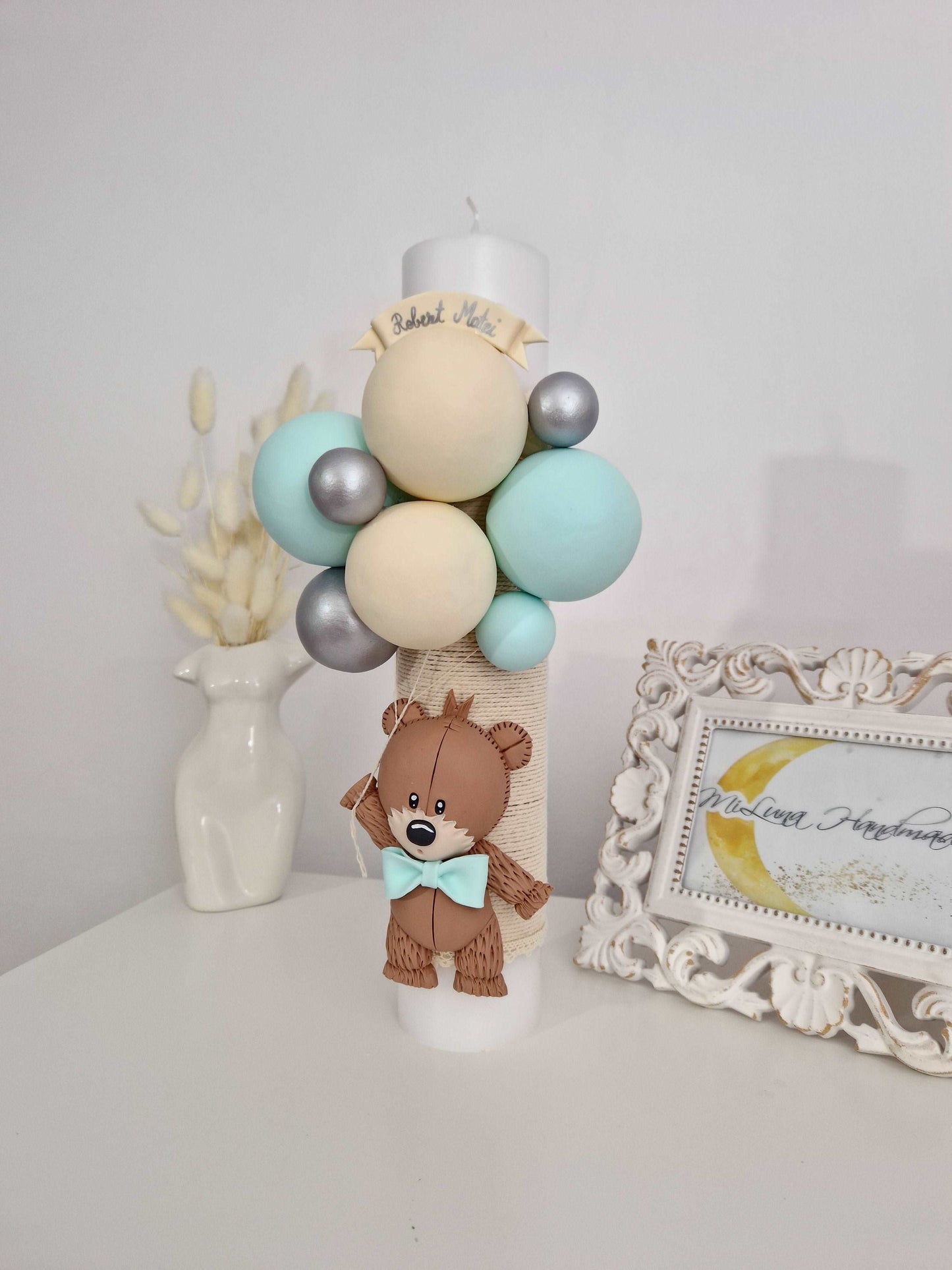 Lumanare de botez White Teddy Bear, verde menta - MiLuna Handmade