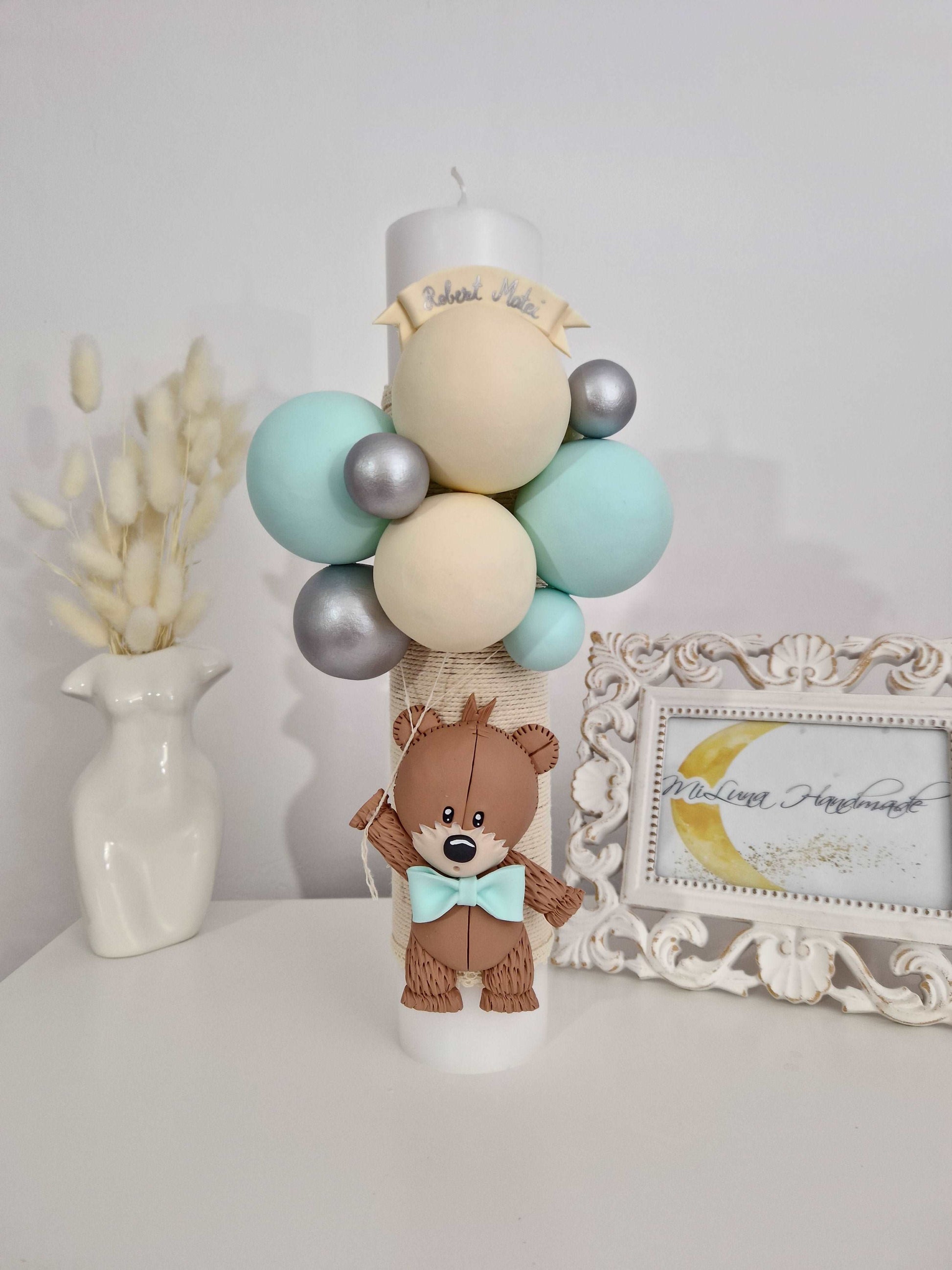 Lumanare de botez White Teddy Bear, verde menta - MiLuna Handmade