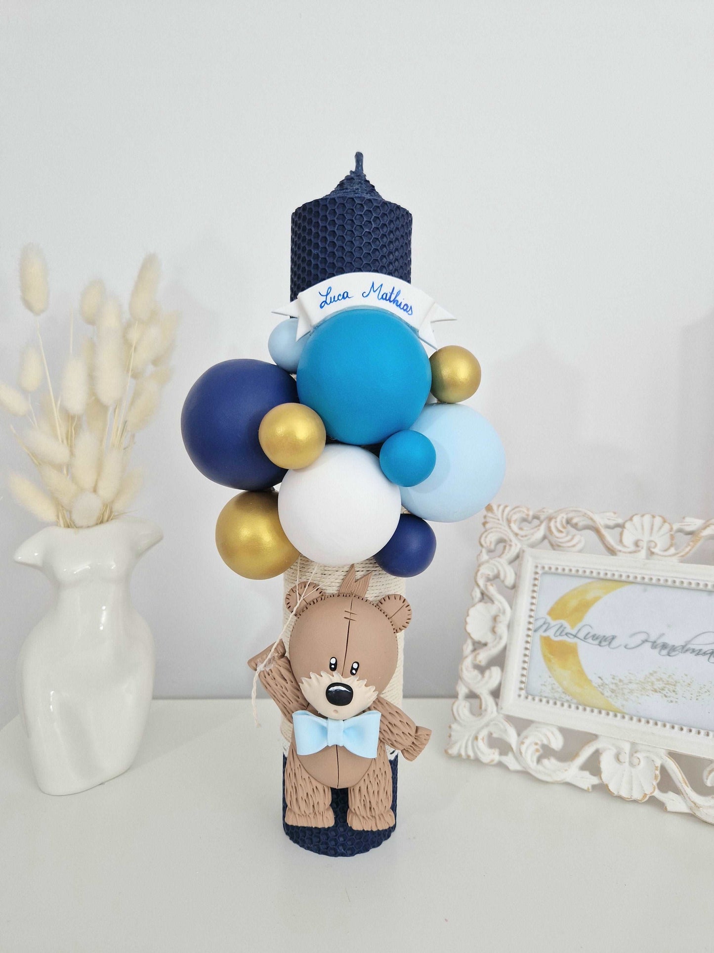 Lumanare de botez din ceara naturala albastra - Tematica Teddy Bear - MiLuna Handmade