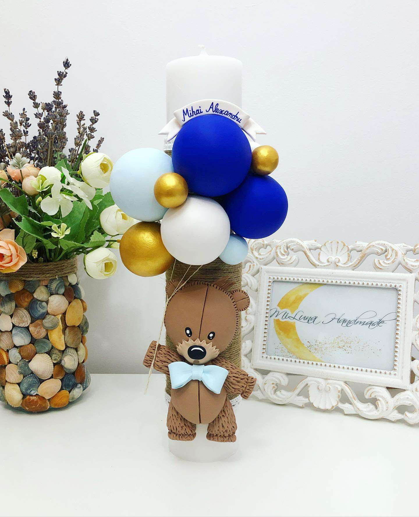 Lumanare de botez Teddy Bear, albastru - MiLuna Handmade