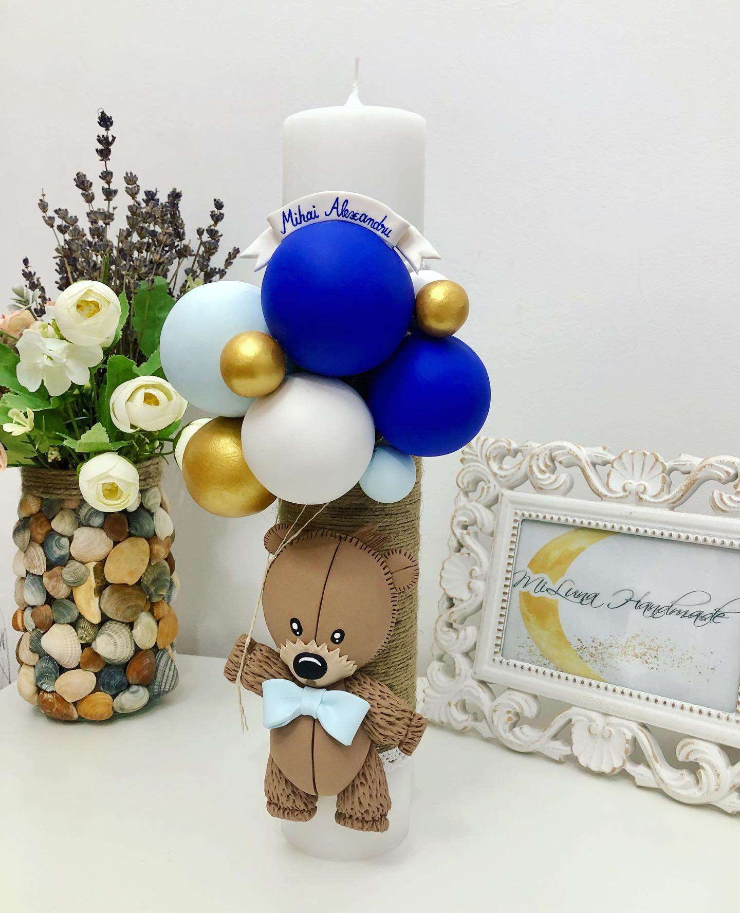 Lumanare de botez Teddy Bear, albastru - MiLuna Handmade