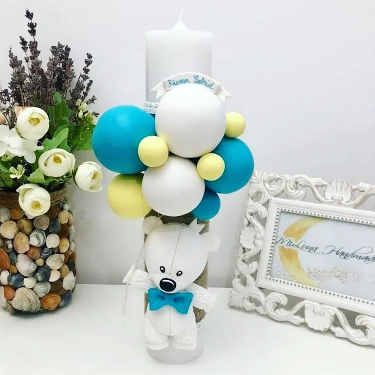 Lumanare de botez White Teddy Bear, turcoaz - MiLuna Handmade