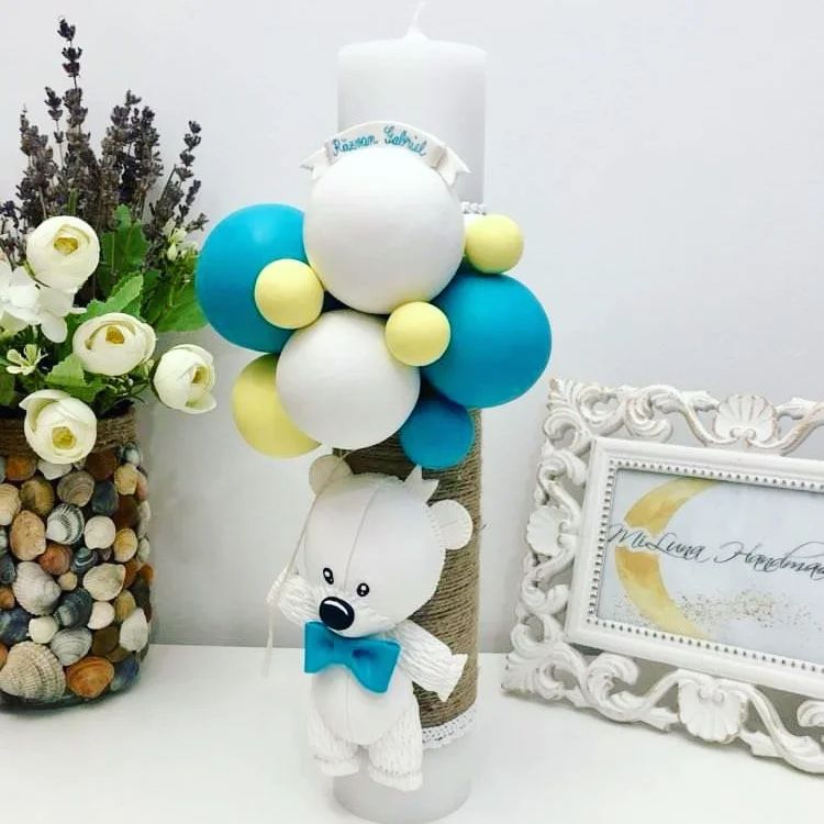 Lumanare de botez White Teddy Bear, turcoaz - MiLuna Handmade