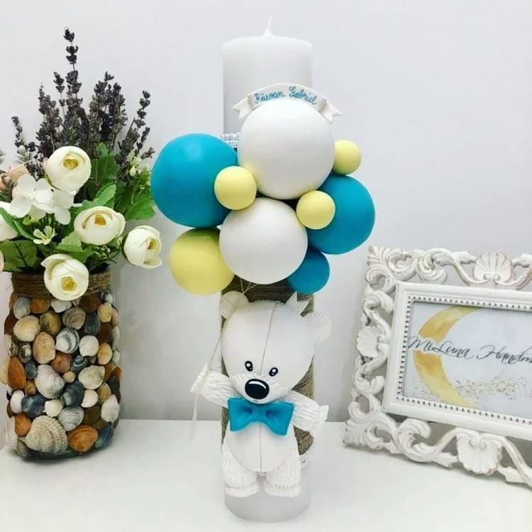 Lumanare de botez White Teddy Bear, turcoaz - MiLuna Handmade