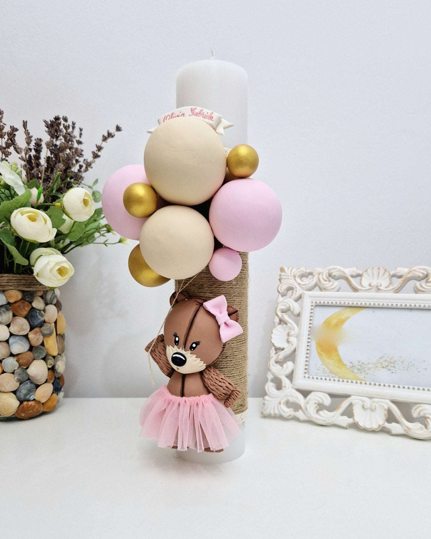 Lumanare de botez Pink Teddy Bear - MiLuna Handmade