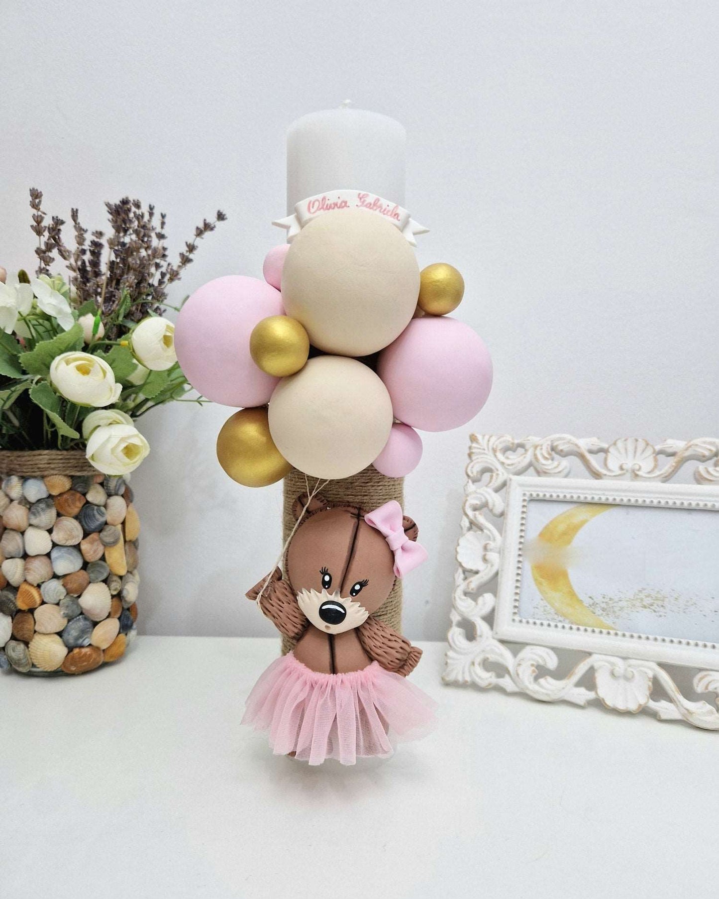 Lumanare de botez Pink Teddy Bear - MiLuna Handmade