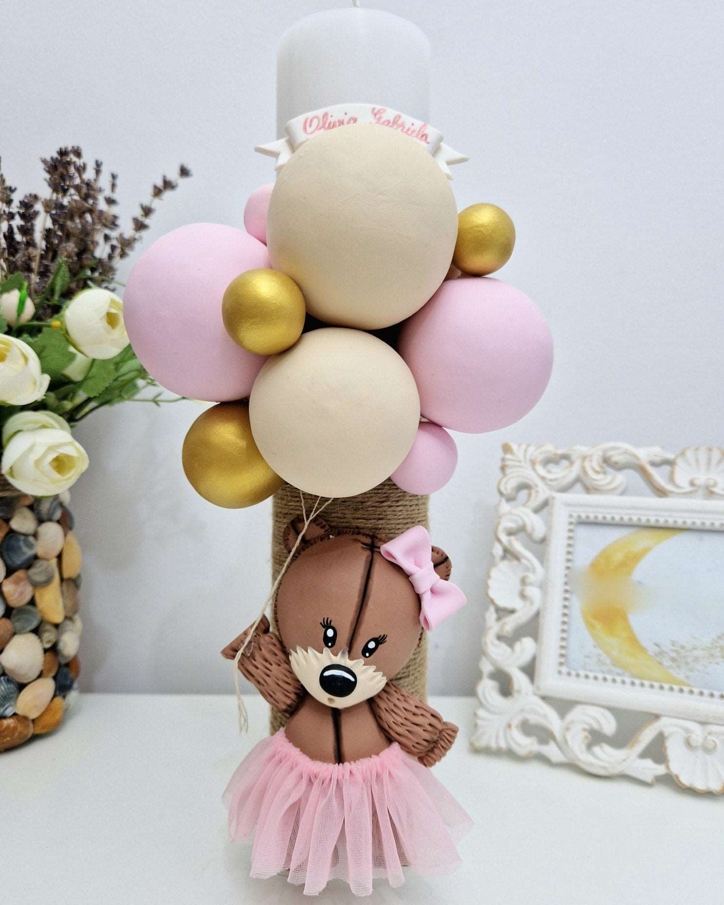 Lumanare de botez Pink Teddy Bear - MiLuna Handmade