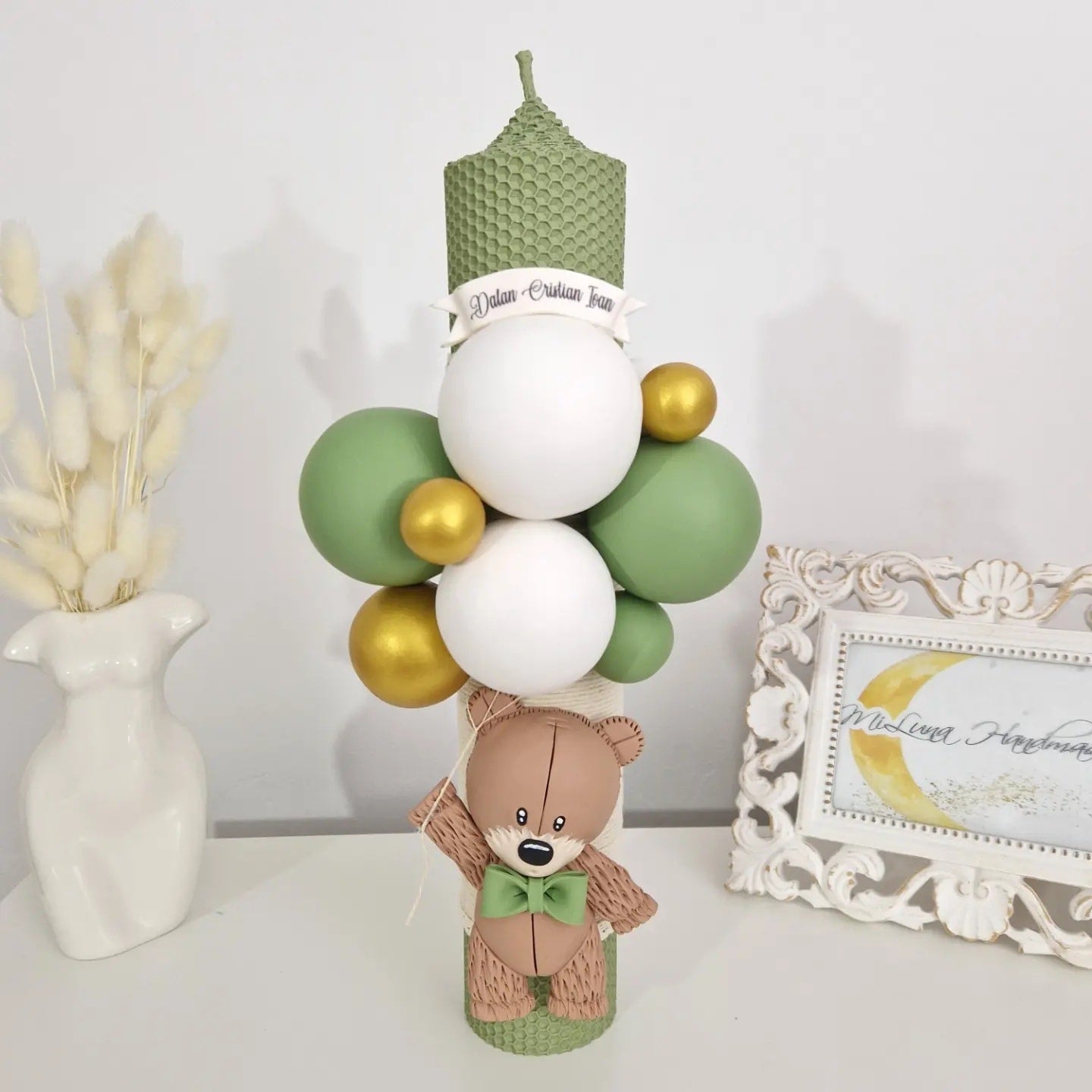 Lumanare de botez Teddy Bear, ceara naturala - MiLuna Handmade