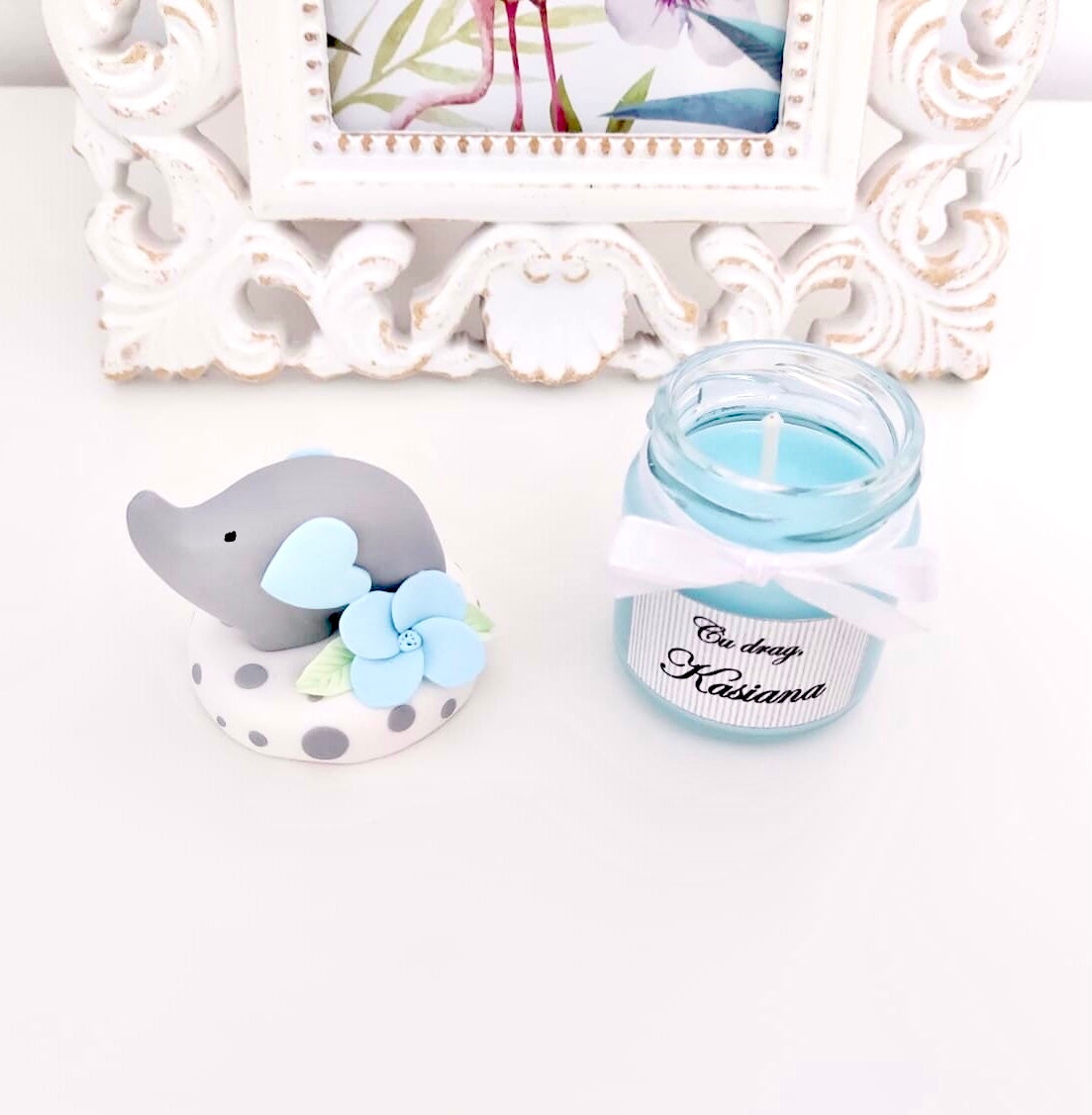 Marturie pentru botez lumanare din ceara - Elefant, bleu - MiLuna Handmade